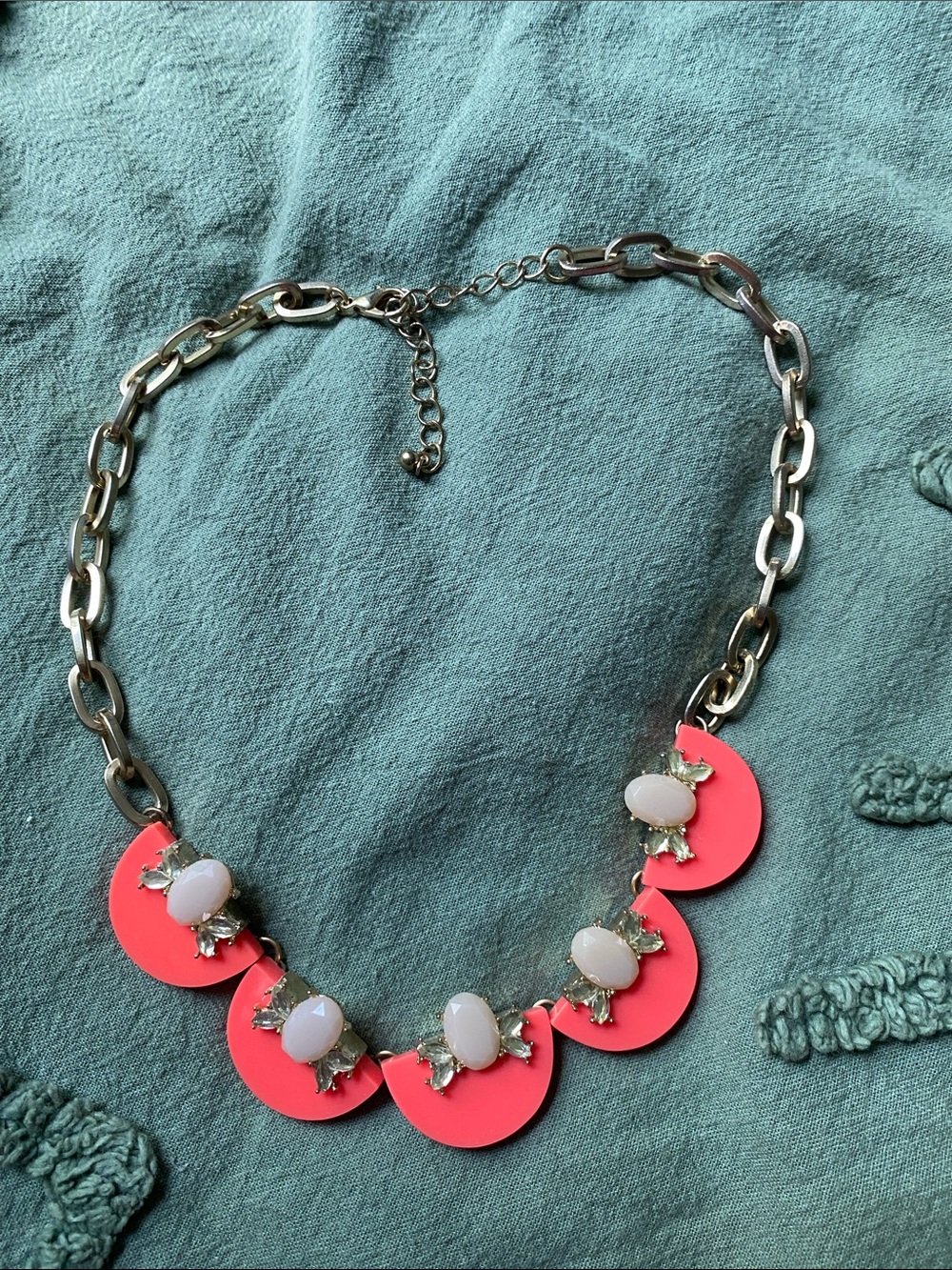 Silver Chain Pink Statement Necklace with White Stones